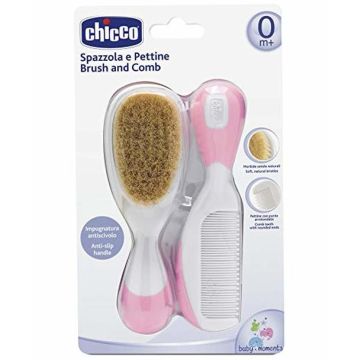 Chicco четка и гребен естествен косъм момиче комплект 