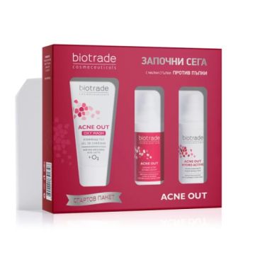 Biotrade Acne Out Измиващ гел за проблемна и мазна кожа 50 мл + Biotrade Acne Out Активен лосион за акнеична кожа 20 мл + Biotrade Acne Out Хидратиращ крем за лице за комбинирана и мазна кожа 20 мл Комплект