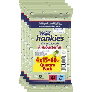 Wet Hankies Антибактериални мокри кърпи със зелена ябълка 4 х 15 бр Промо