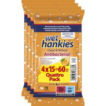 Wet Hankies Антибактериални мокри кърпи с портокал 4 х 15 бр Промо