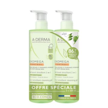 A-Derma Exomega Control Емолиентeн почистващ гел 2в1 за кърмачета и деца 2 х 500 мл Комплект