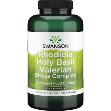 Swanson Rhodiola Holy Basil Valerian Stress Complex Родиола, Босилек, Валериана Стрес Комплекс 225/225/225 мг х 180 капсули