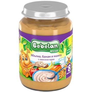 Bebelan Puree Млечна каша от ябълка, банан и манго с овесени ядки 8М+ 190 г