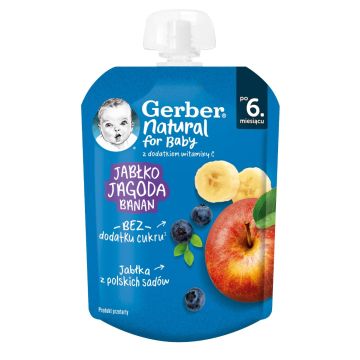 Nestle Gerber Пауч Плодова закуска с ябълка, боровинка и банан 6м+ 80 гр