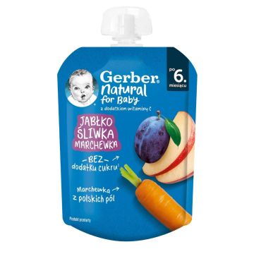 Nestle Gerber Пауч Плодова закуска с ябълка, сливи и моркови 6м+ 80 гр