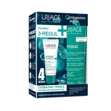 Uriage Hyséac 3-Regul+ Глобална грижа против несъвършенства за мазна кожа 50 мл + Uriage Hyseac Почистващ гел за лице и тяло за комбинирана до мазна кожа 50 мл Комплект