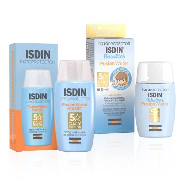 ISDIN Fotoprotector Fusion Water Слънцезащитен флуид за лице SPF50 50 мл + ISDIN Fotoprotector Pediatrics Fusion Water Слънцезащитен крем за лице за деца SPF50 50 мл Комплект