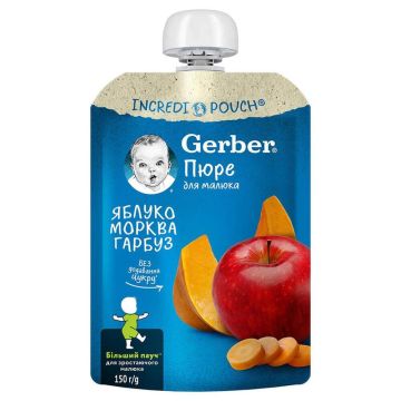 Gerber® Organic Пауч Плодова закуска с ябълки, моркови и тиква 6м+ 150 г