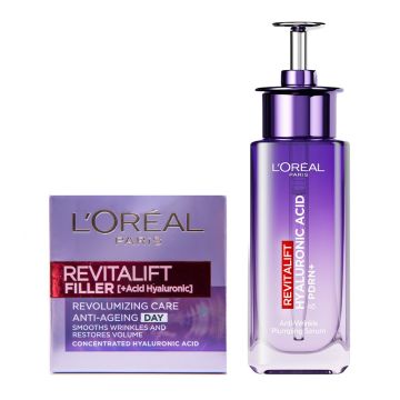 L’Oreal Revitalift Filler Renew Дневен крем за лице против бръчки 50 мл + Серум за лице против бръчки с хиалуронова киселина 30 мл Комплект