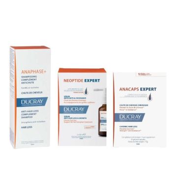 Ducray Anaphase+ Стимулиращ шампоан против косопад 200 мл + Ducray Neoptide Expert Серум спиращ косопада 2 х 50 мл + Ducray Anacaps Expert Хранителна добавка срещу хроничен косопад х 30 Комплект
