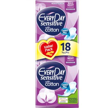 Everyday Sensitive Maxi Night Ultra Plus Дамски превръзки с крилца 18 бр