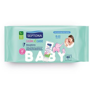 Septona Calm n'Care Sensitive Бебешки мокри кърпички сензитив със защитен крем против подсичане 60 бр
