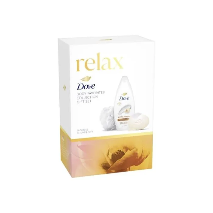 Dove Gentle Pamper Хидратиращ душ гел с масло от ший 250 мл + Dove Nourishing Kрем-сапун за ръце, лице и тяло с арганово масло 90 г + Подарък: гъба за баня Комплект