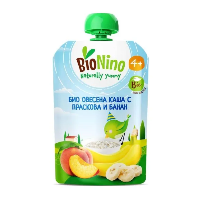 BioNino Био Плодова закуска Овесена каша с праскова и банан 4М+ 90 г