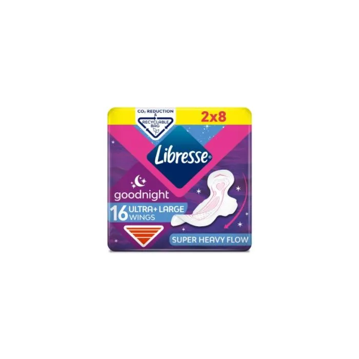 Libresse Goodnight Ultra+ Large Goodnight Duo Нощни дамски превръзки с крилца 2x8 бр