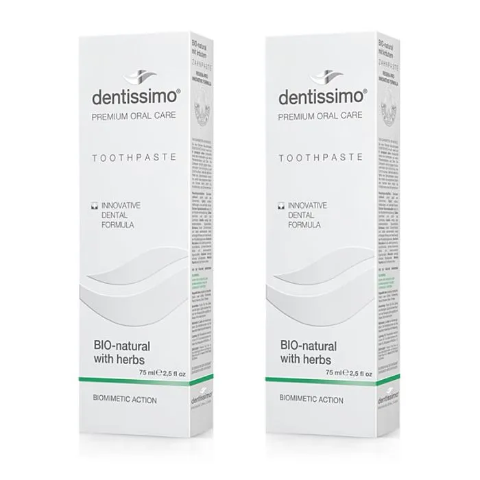 Dentissimo Био натурална паста за зъби с лечебни билки 75 мл + ПОДАРЪК Био натурална паста за зъби с лечебни билки 75 мл Комплект