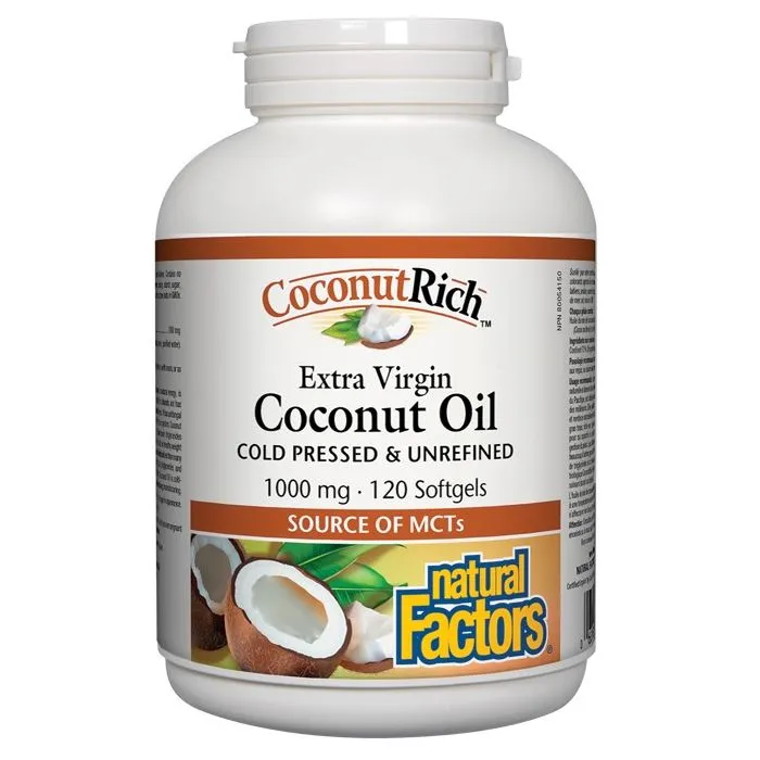 Natural Factors Extra Virgin Coconut Oil студена пресовано кокосово масло - източник на MCTs 1000 мг х 120 софтгел капсули