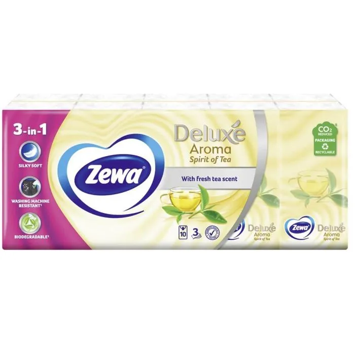 Zewa Deluxe Spirit of Tea Носни кърпи 3 пласта пакет 10 x 10 бр