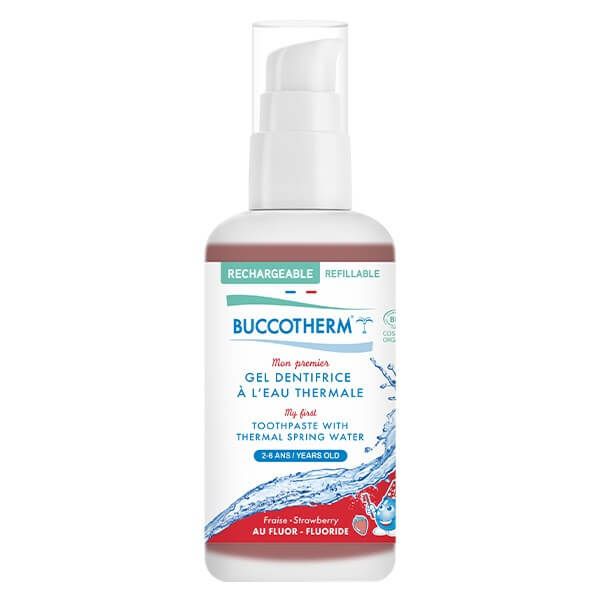 BUCCOTHERM Mon Premier Био детски гел за зъби в бутилка за многократно пълнене с аромат на ягоди 2-6 години, с флуор 100 мл