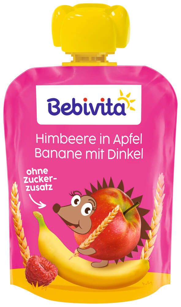 Bebivita Плодов пауч ябълка, банан, малини и спелта 12М+ 90 г