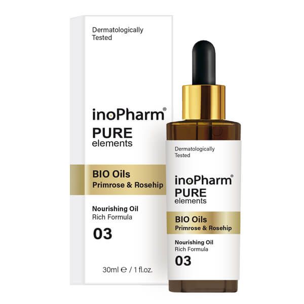 InoPharm Pure Elements Bio oils from rosehip and primrose Подхранващо масло за лице и шия с био масла от вечерна иглика, шипка и витамин Е 30 мл