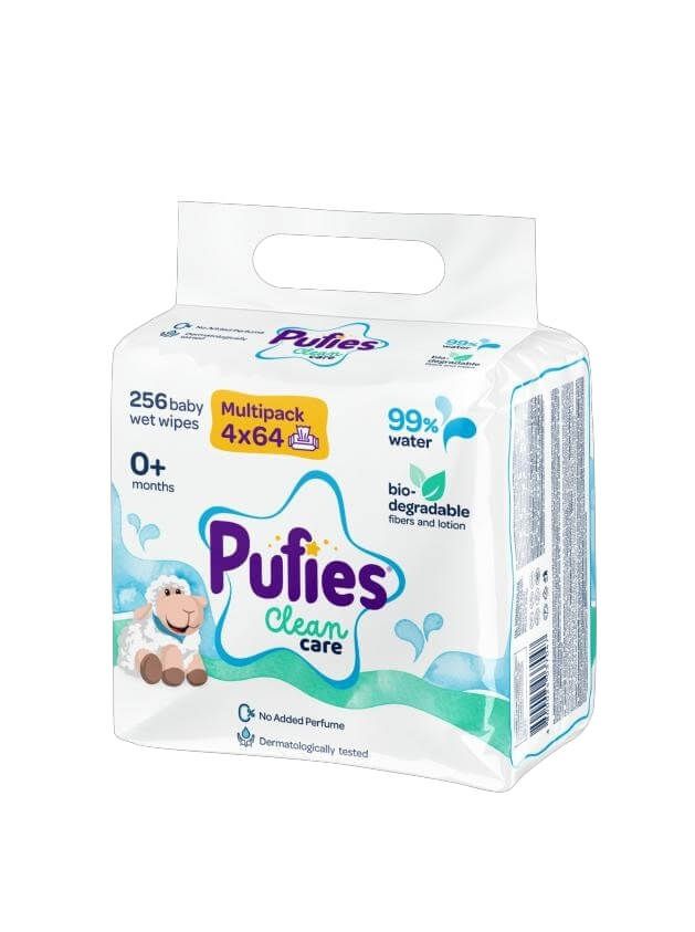 Pufies Clean Care Бебешки мокри кърпички с 99% вода 4 х 64 бр