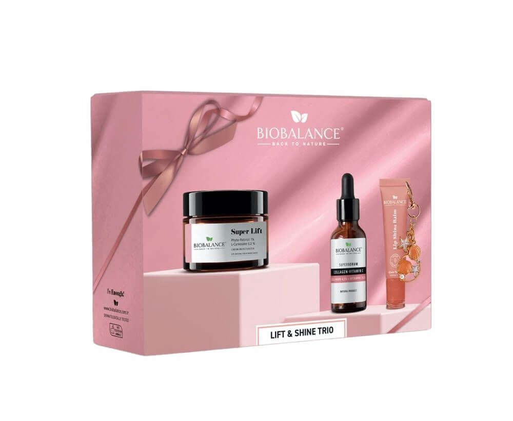 BioBalance Супер серум с колаген и витамин Ц 30 мл + BioBalance Супер повдигащ крем за лице с ретинол 50 мл + BioBalance Lip Shine Балсам за устни кокос и ванилия 10 мл Комплект