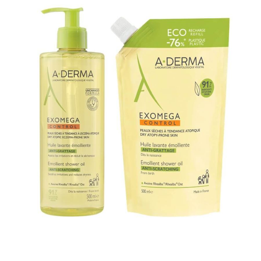 A-Derma Exomega Control Емолиентно душ-олио за суха и атопична кожа 500 мл + Пълнител 500 мл Комплект