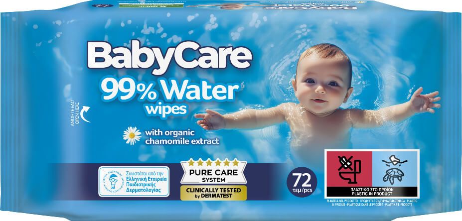 BabyCare 99% Water Бебешки мокри кърпи с органичен екстракт от лайка 99% вода х 72 бр