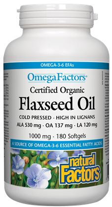 Natural Factors Flaxseed Oil Ленено масло за нормално кръвно налягане и нисък холестерол 1000 мг х 180 софтгел капсули