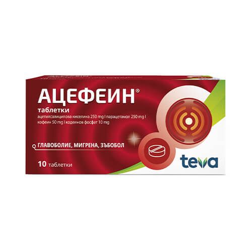 Ацефеин при главоболие, мигрена, зъбобол 10 таблетки Teva