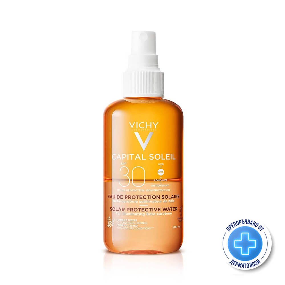 Vichy Capital Soleil Слънцезащитна вода за лице и тяло за подобряване на тена SPF30 200 мл
