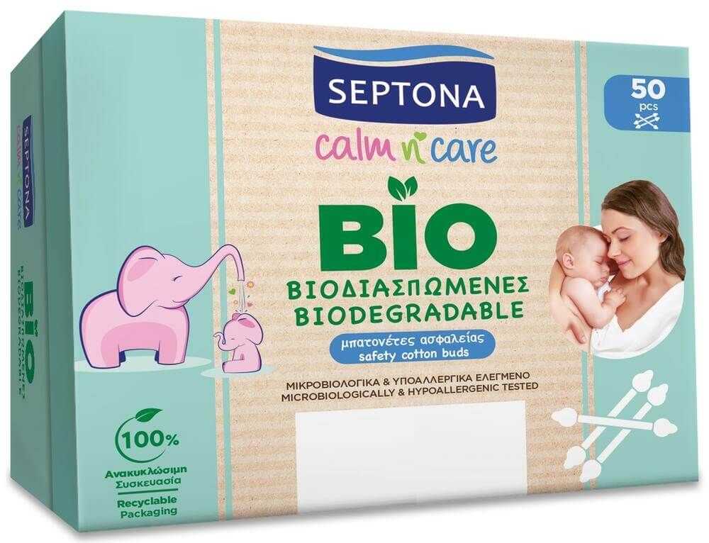 Septona Baby Calm n’ Care Биоразградими клечки за уши с ограничител х50 бр