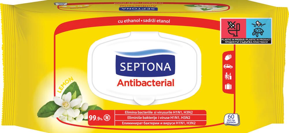 Septona Antibacterial Антибактериални мокри кърпи с аромат на лимон х60 бр