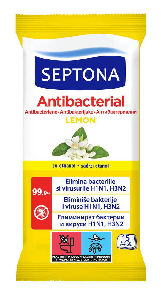 Septona Antibacterial Антибактериални мокри кърпи с аромат на лимон х15 бр