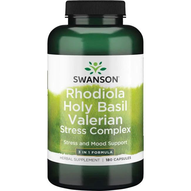 Swanson Rhodiola Holy Basil Valerian Stress Complex Родиола, Босилек, Валериана Стрес Комплекс 225/225/225 мг х 180 капсули