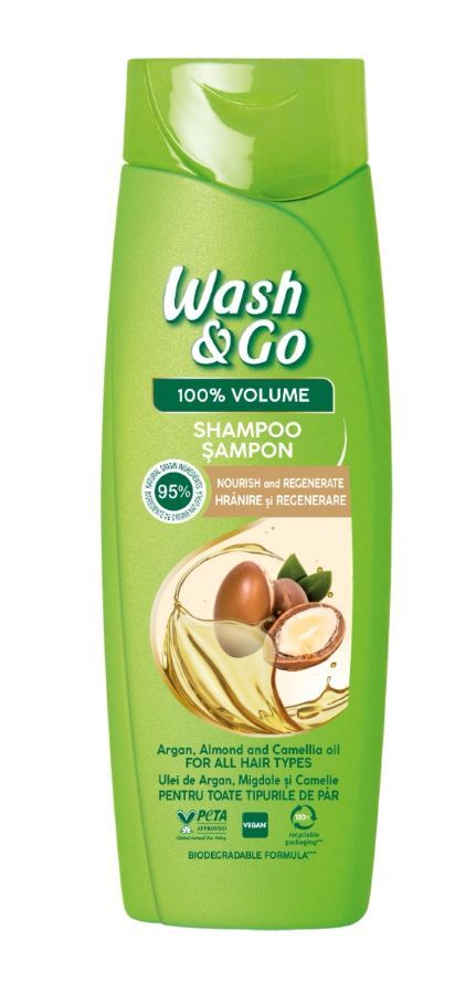 Wash & Go Argan, Almond and Camellia Oil Шампоан за всеки тип коса с арган, камелия и бадемово масло 360 мл