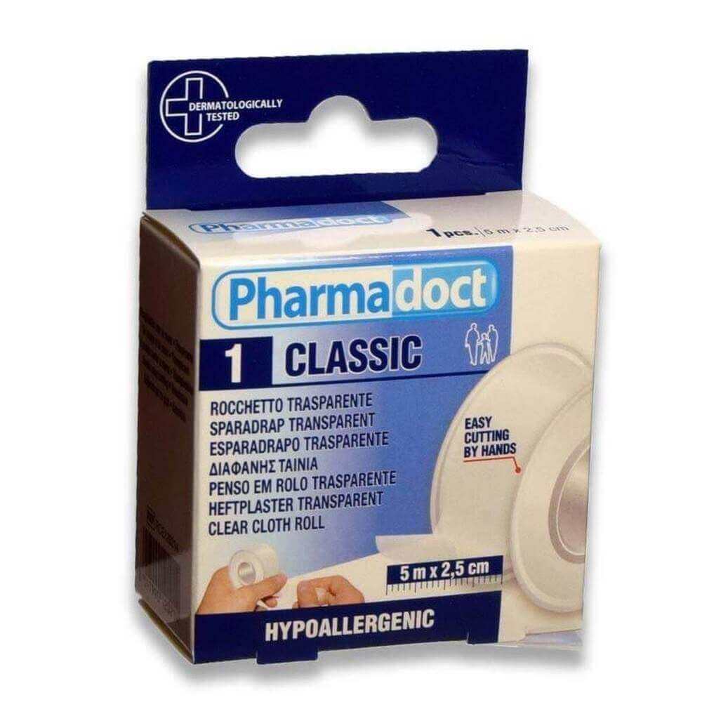 Pharmadoct Classic Хипоалергенен прозрачен лейкопласт 5 м х 2,5 см