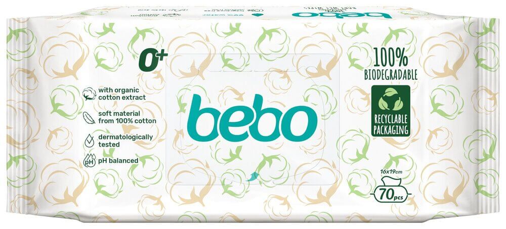 Bebo Биоразградими влажни кърпички 99% вода х 70 бр