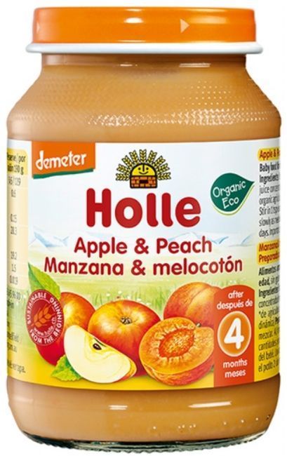 Holle Био плодово пюре с ябълки и праскови 4М+ 190 гр