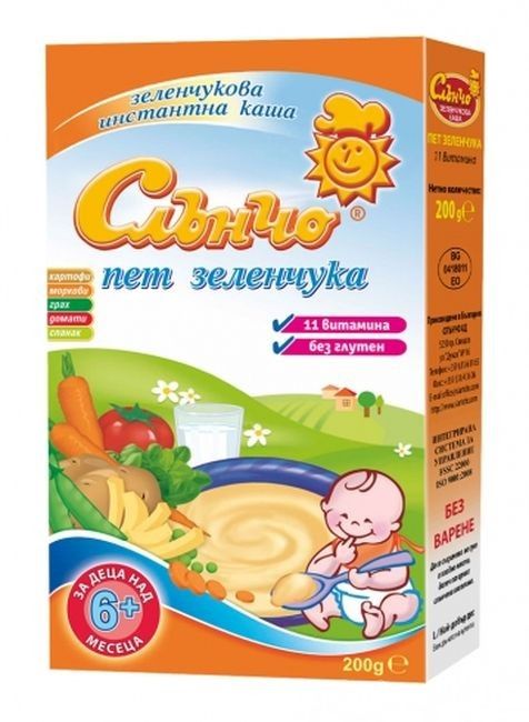 Слънчо Зеленчукова каша 5 Зеленчука 11 витамина 6М+ 200 гр