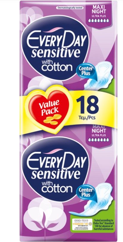 Everyday Sensitive Maxi Night Ultra Plus Дамски превръзки с крилца 18 бр