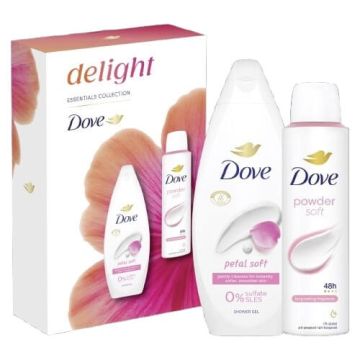 Dove Petal Soft Хидратиращ душ гел 250 мл + Dove Powder Soft Дезодорант спрей против изпотяване за жени 150 мл Комплект