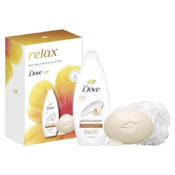 Dove Gentle Pamper Хидратиращ душ гел с масло от ший 250 мл + Dove Nourishing Kрем-сапун за ръце, лице и тяло с арганово масло 90 г + Подарък: гъба за баня Комплект