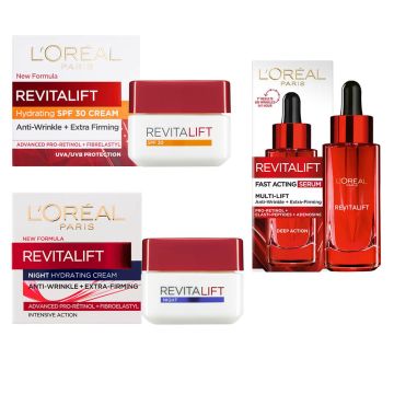 L’Oreal Revitalift Нощен крем против бръчки 50 мл +Дневен крем против бръчки SPF30 50 мл + Серум със стягащ комплекс 30 мл Комплект