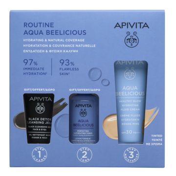 Apivita Aqua Beelicious Тониран флуид за лице SPF30 40 мл + Apivita Cleansing Черен детоксикиращ почистващ гел 15 мл + Apivita Aqua Beelicious Хидратиращ тоник против несъвършенства 50 мл Комплект