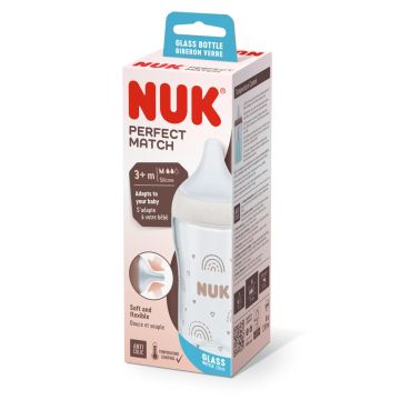 Nuk Perfect Match Стъклено шише със силиконов биберон M 3M+ 230 мл Дъга