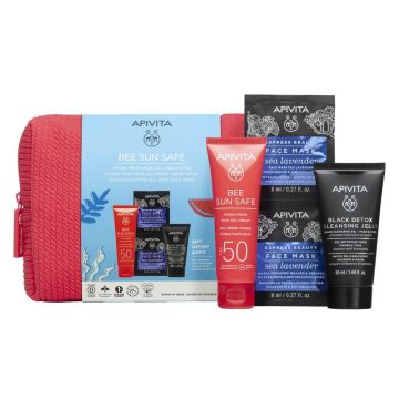 Apivita Bee Sun Safe Хидратиращ гел-крем за лице SPF50 50 мл + Подарък: Черен детоксикиращ гел 50 мл + Маска за лице с морска лавандула 2х8 мл + Несесер Комплект