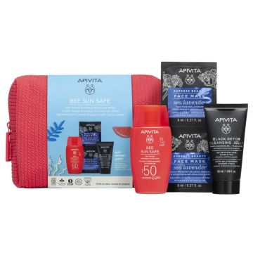 Apivita Bee Sun Safe Ултра лек слънцезащитен флуид за лице SPF50 50 мл + Подарък: Черен детоксикиращ гел 50 мл + Маска за лице с морска лавандула 2х8 мл + Несесер Комплект