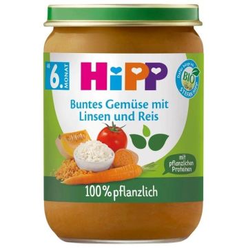 Hipp Био Пюре зеленчуци с ориз и леща 6М+ 190 г